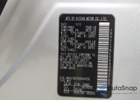 2011 Infiniti Qx56 from USA, damaged, VIN JN8AZ2NE5B9004705